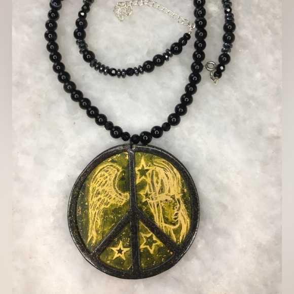 Peace Handcrafted Brass/Copper mixed metal on gemstone beaded necklace 20-22β - Picture 6 of 16